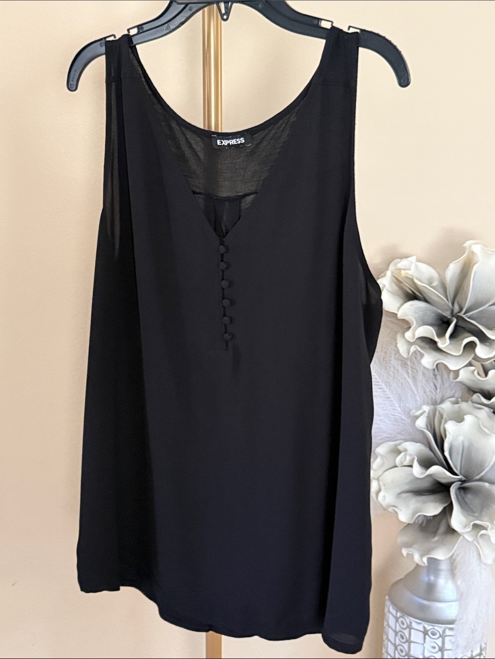 Express Black Sleeveless V-Neck Tank with Covered Buttons